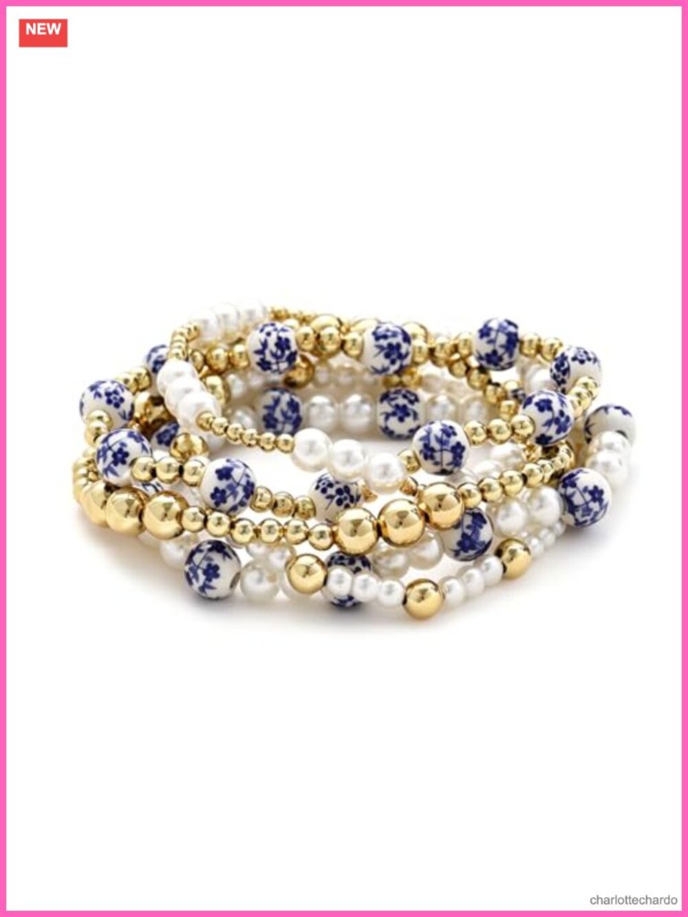 14K Gold Plated Beaded Stretch Bracelet Set Pearl Stackable